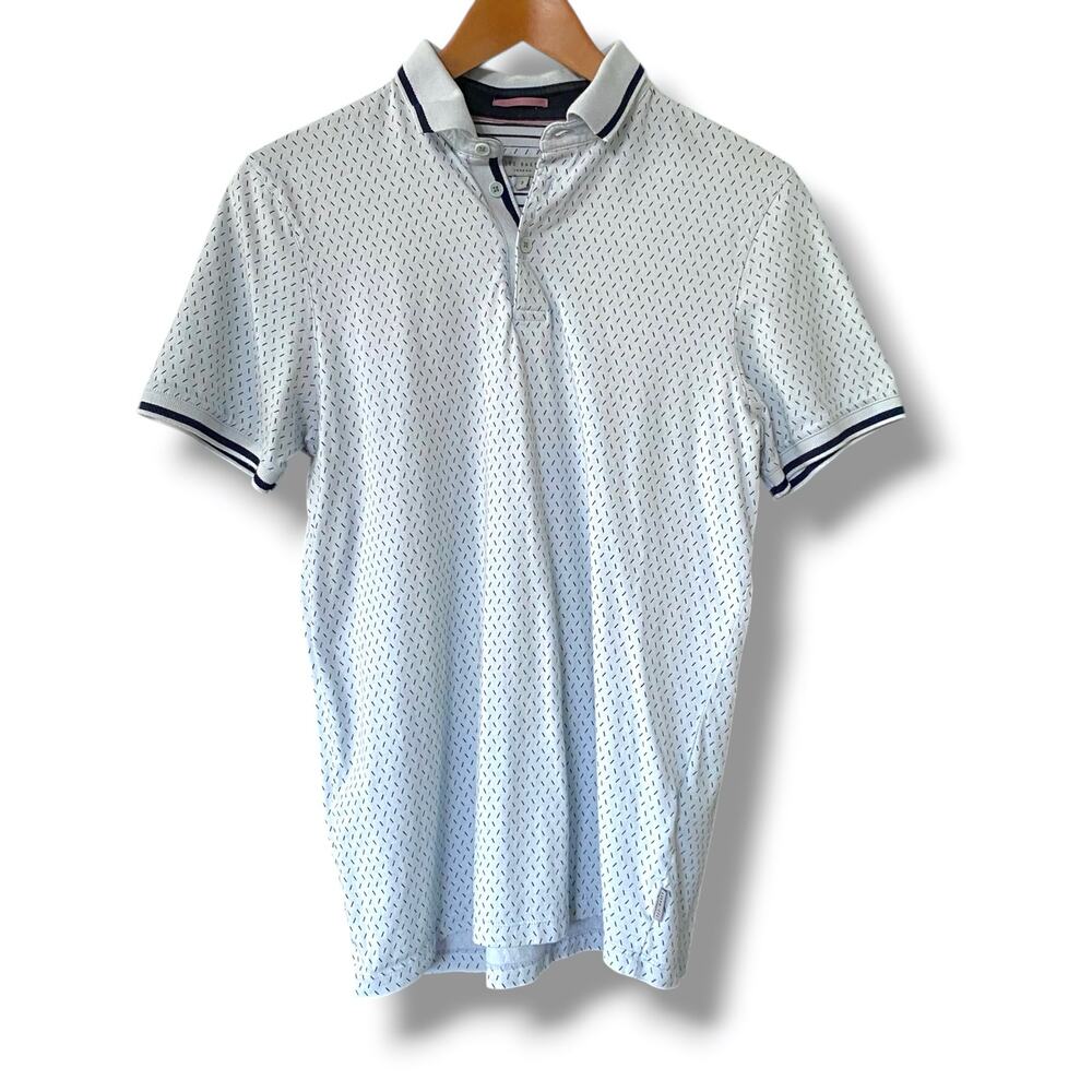 Ted Baker Abot Polo Shirt Sz 3 US M  Light Blue Geometric Dash Pattern Preppy